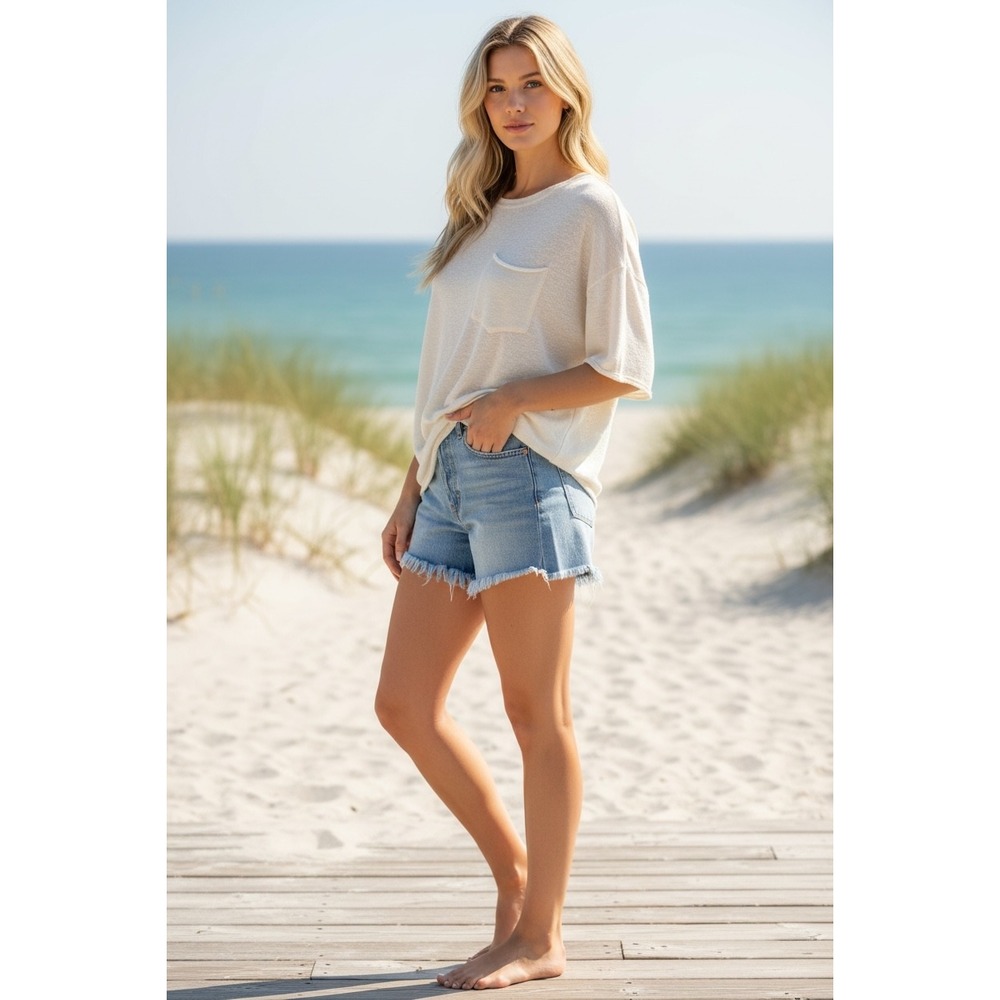 Adora Cream Slub Knit‎ Boxy Pocket Top Womens Medium Oversized Minimalist NWT